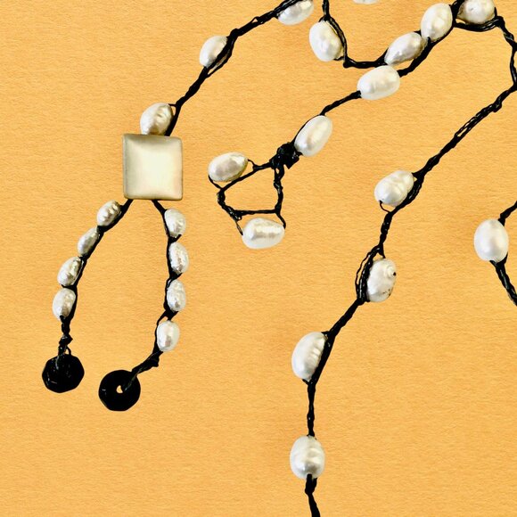 Hand Crafted Crochet Necklace with Shell Beads Vintage Button Lariat - Picture 5 of 11